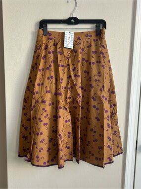 NWT Tulip B Brown Camel Purple Cherries Full Cherry Skirt Elastic Waist Lined L